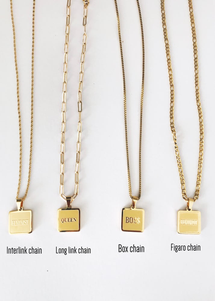 Gold plated square tag Boss, Feminist or Queen – Dixiegraze